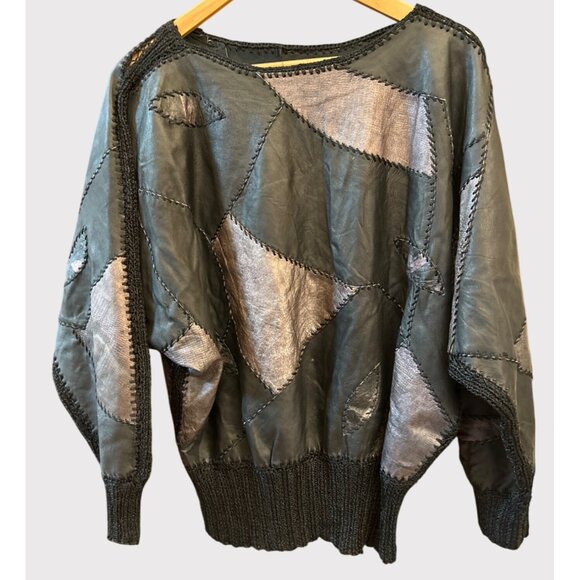 Vintage 80s Patchwork Leather Metallic Batwing Sleeve Sweater Top Retro Rare - Picture 1 of 8